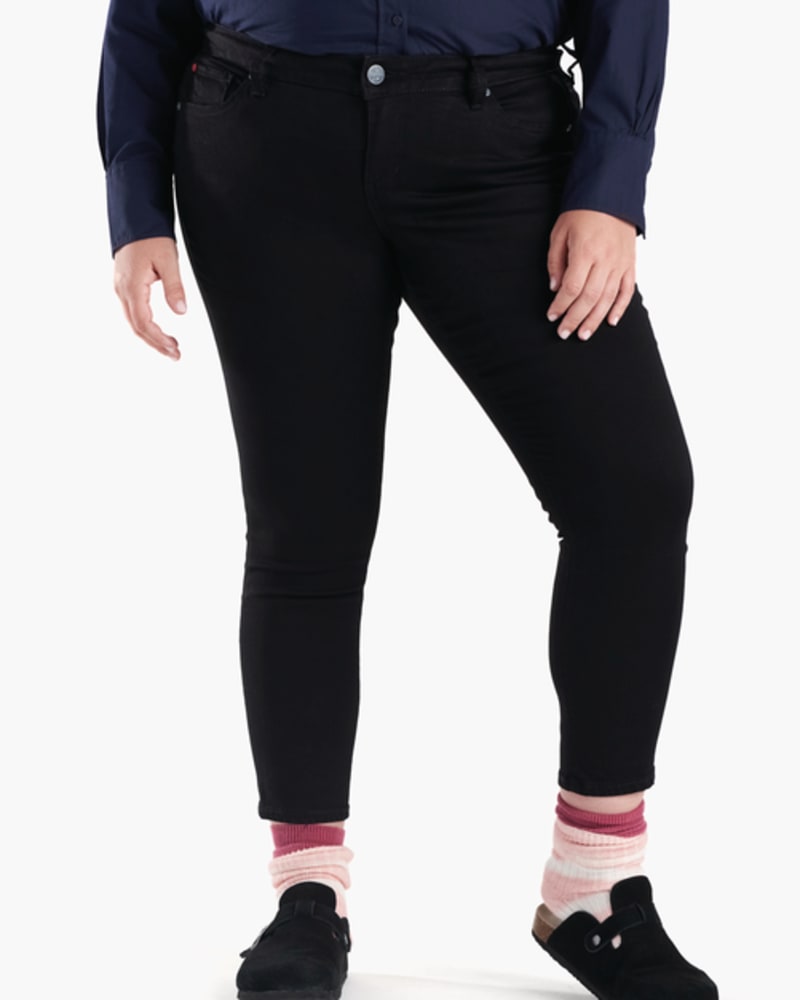 Front of a model wearing a size 12 Danika Ankle Slim Jegging in BLACK by Slink Jeans. | dia_product_style_image_id:256210